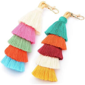 Osadia Handmade Colourful Boho Pom Pom Tassel Bag Charm Key Chain Set of Two